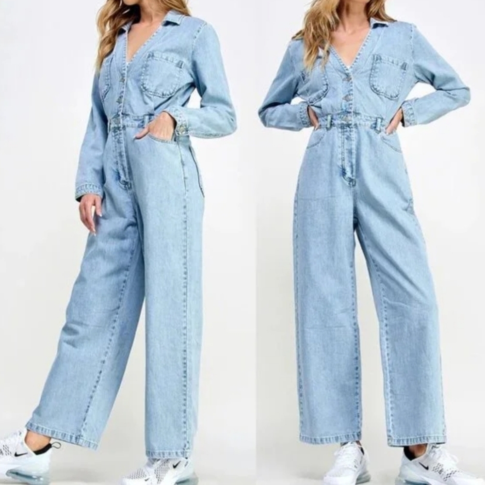 Denim Wide Leg Jumpsuit Bohomien Retro Utility Chic - Picture 3 of 6
